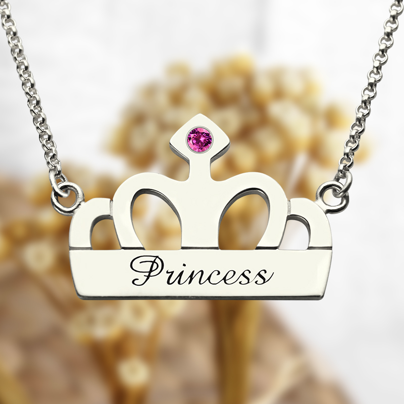 Crown Charm Necklace with Birthstone & Name Sterling Silver