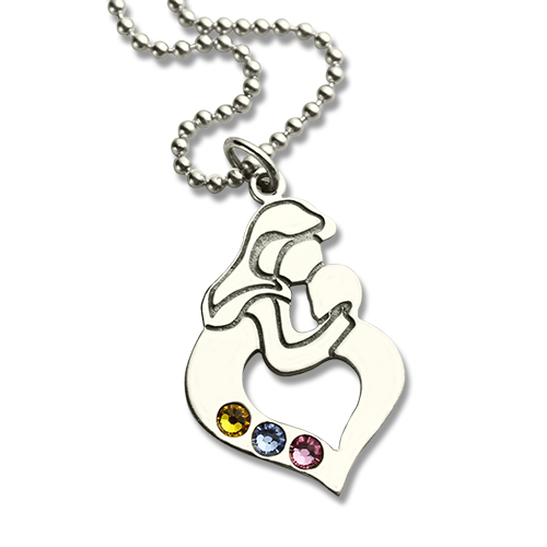 Personalized Mother Child Necklace with Birthstone Silver