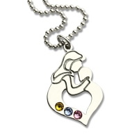 Personalized Mother Child Necklace with Birthstone Silver