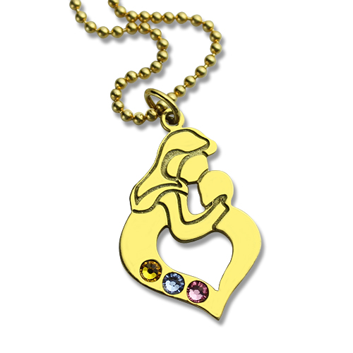 Personalized Mother Child Necklace with Birthstone Gold Plated Silver
