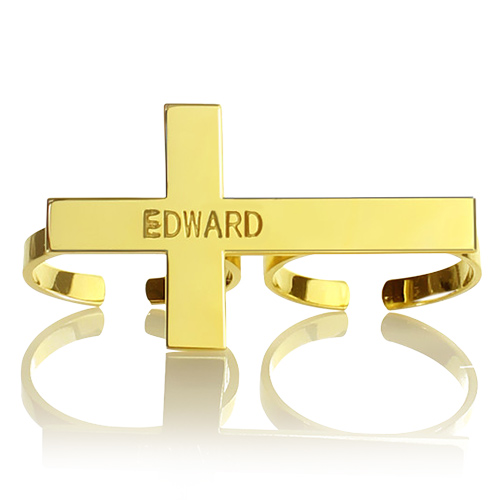 Engraved Name Two finger Cross Ring 18k Gold Plated