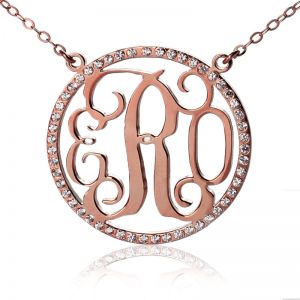 Rose Gold Circle Birthstone Monogram Initial Pendant Necklace
