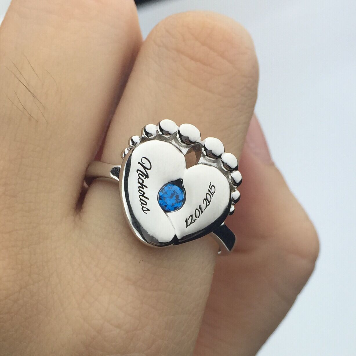 Engraved Baby Feet Birthstone Ring For New Mom Silver