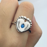 Engraved Baby Feet Birthstone Ring For New Mom Silver