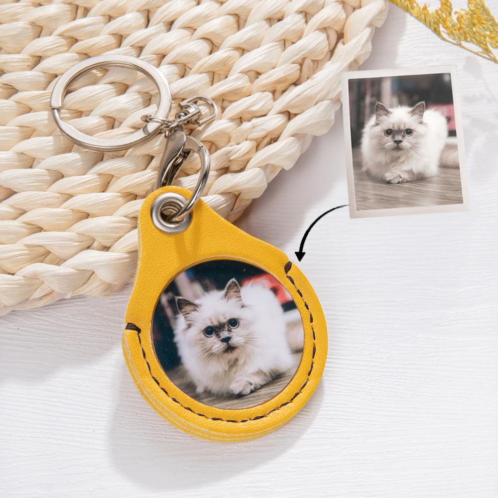 Custom Pet Photo Leather Keychain with Message, Personalized Picture Text Keychain, Memorial/Pet Sympathy Present, Gift for Pet Lover/Owner