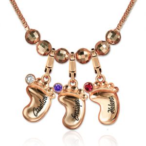 Engraved Name 3D Baby Feet Necklace with Birthstone In Rose Gold
