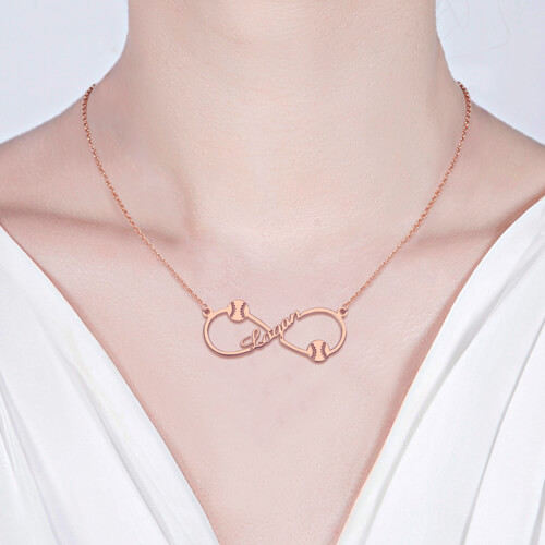 Infinity Sign Baseball Name Necklace In Rose Gold