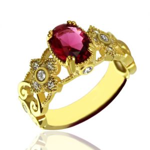 Engraved Name Mantilla Oval Engagement Ring Gold Plated 925 Silver