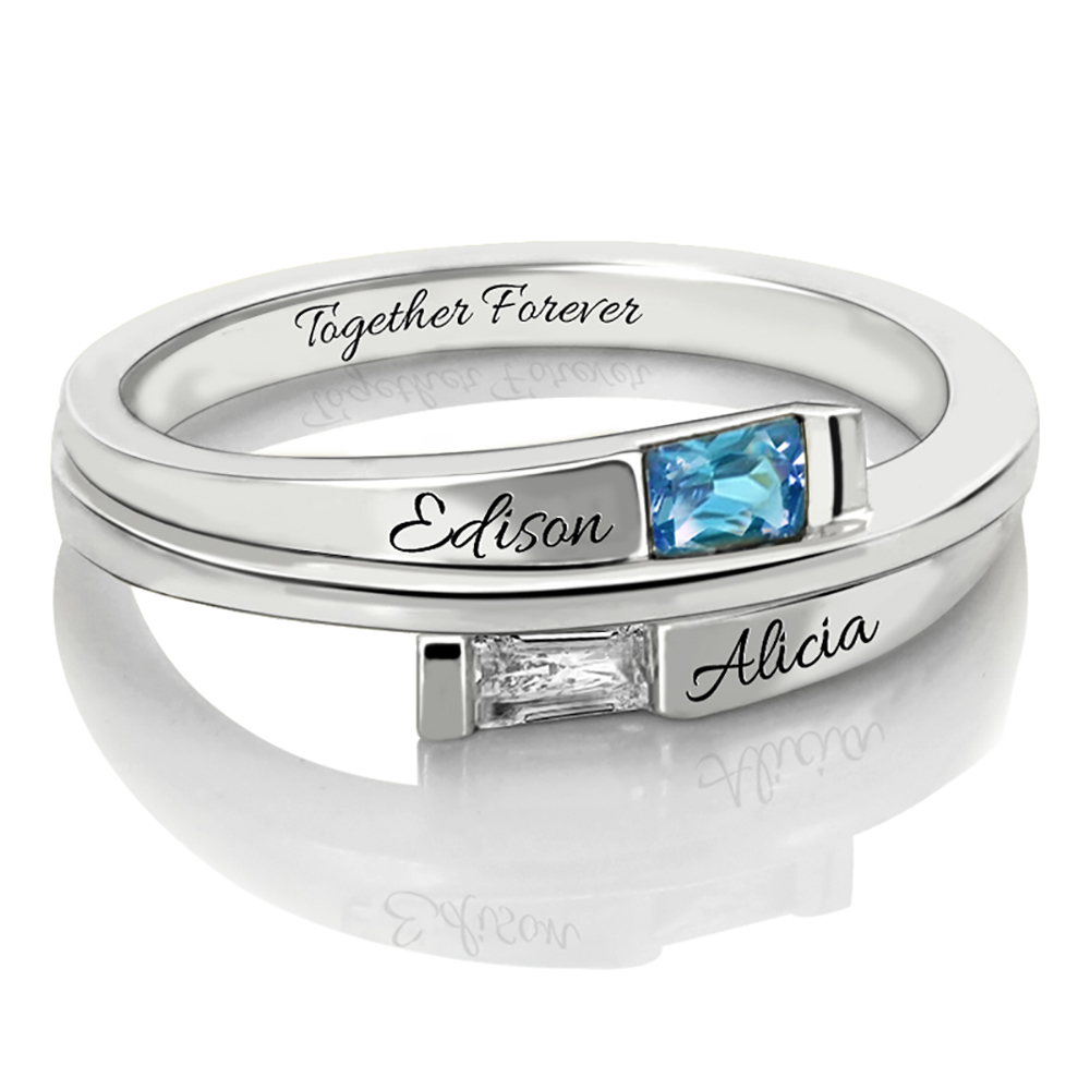 Custom Engraved Two Birthstones Ring Sterling Silver Promise Jewelry Gift for Her