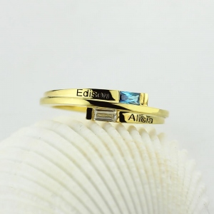 Custom Engraved Two Birthstones Ring in Gold Promise Jewelry Gift for Her