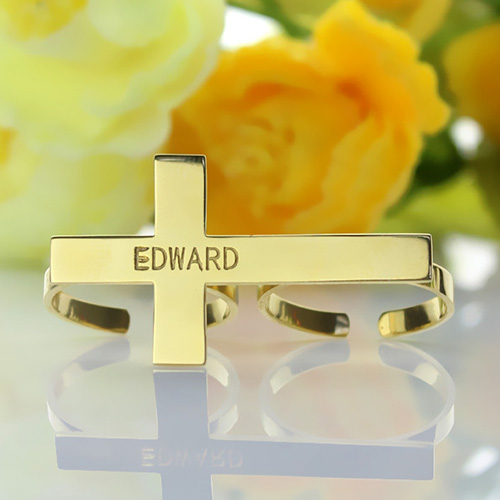 Engraved Name Two finger Cross Ring 18k Gold Plated