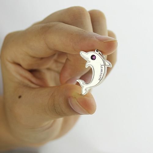Dolphin Necklace with Birthstone & Name Sterling Silver