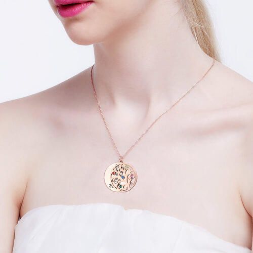 18K Rose Gold Plated Family Tree Birthstone Name Necklace