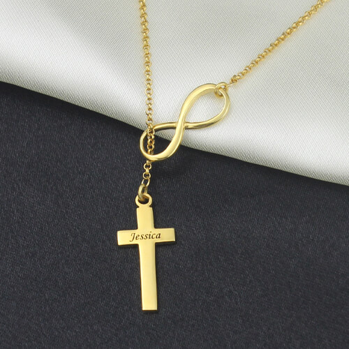 Infinity Symbol Cross Name Necklace 18K Gold Plated