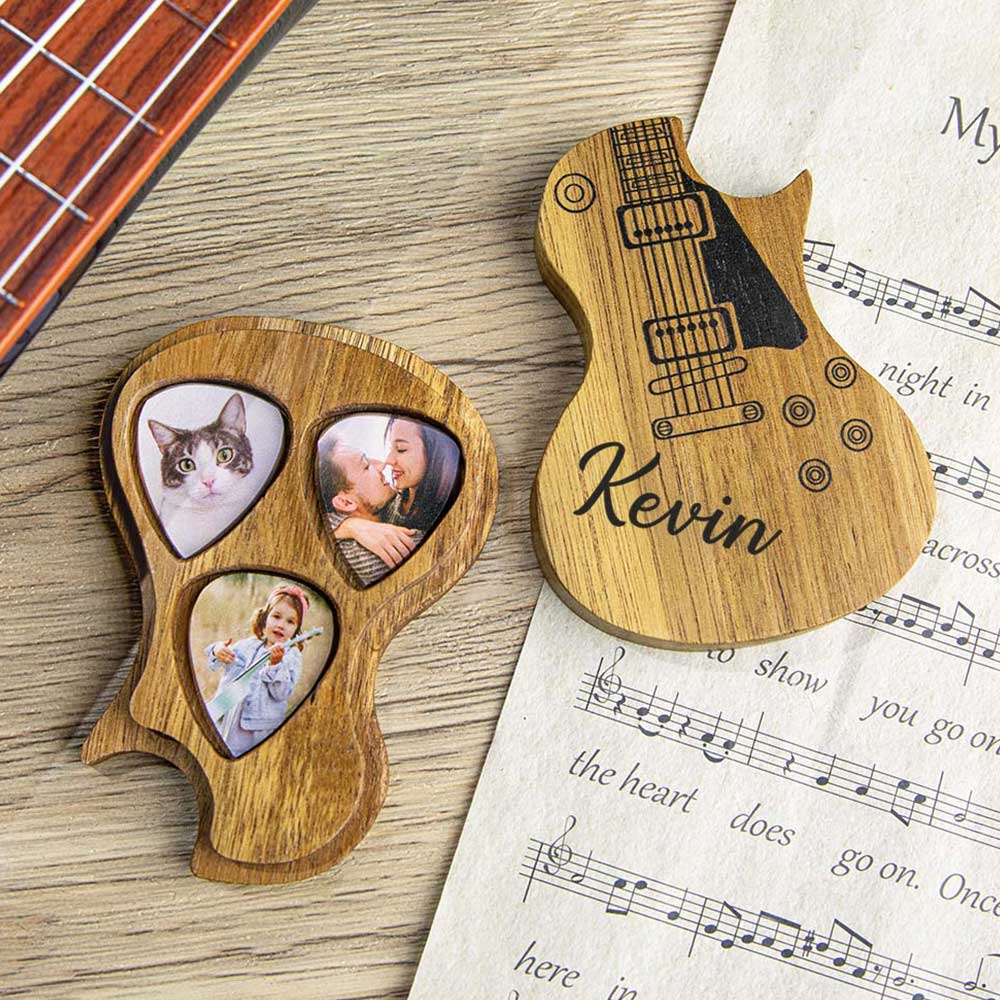 Personalized Wooden Guitar Picks with Case, Custom Photo/Engraving Guitar Pick with Custom Name Holder, Birthday/Graduation Gift for Family/Musician