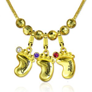 Engraved Name 3D Baby Feet Necklace with Birthstone Gold Plated