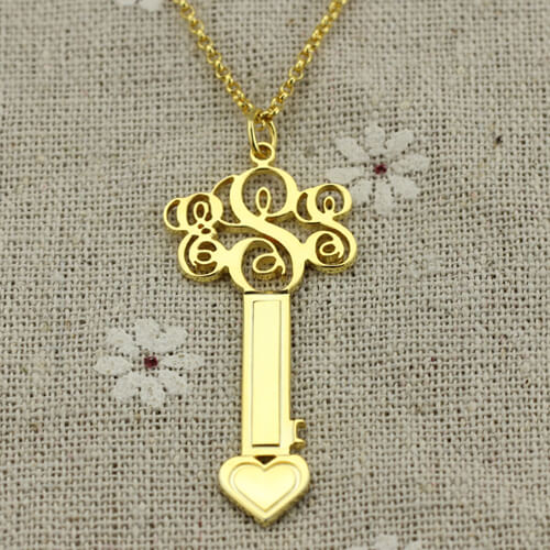 Custom Key Necklace with Fancy Monogram 18k Gold Plated