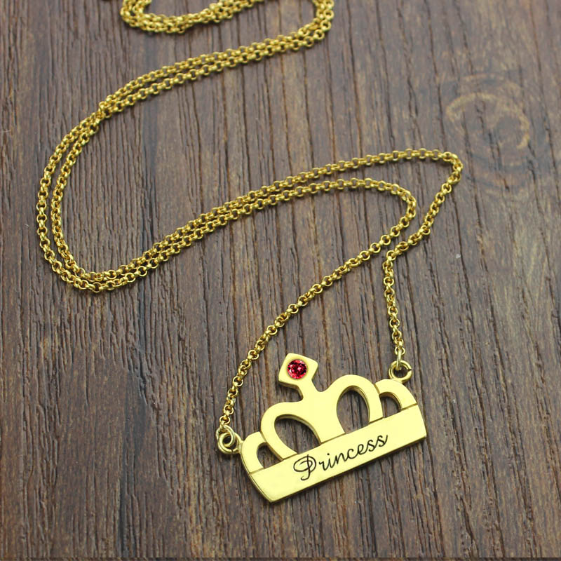 Princess Crown Charm Necklace with Birthstone & Name