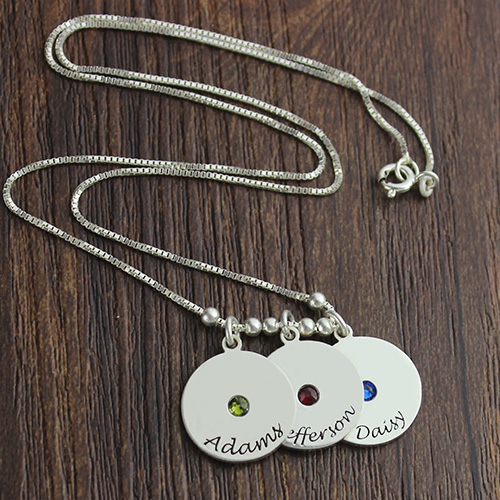 Mother's Disc and Birthstone Charm Necklace