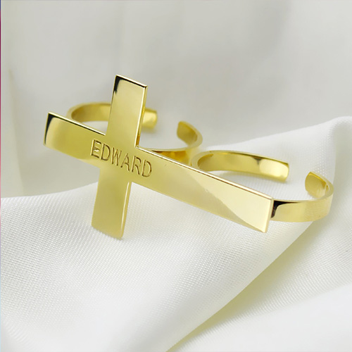 Engraved Name Two finger Cross Ring 18k Gold Plated