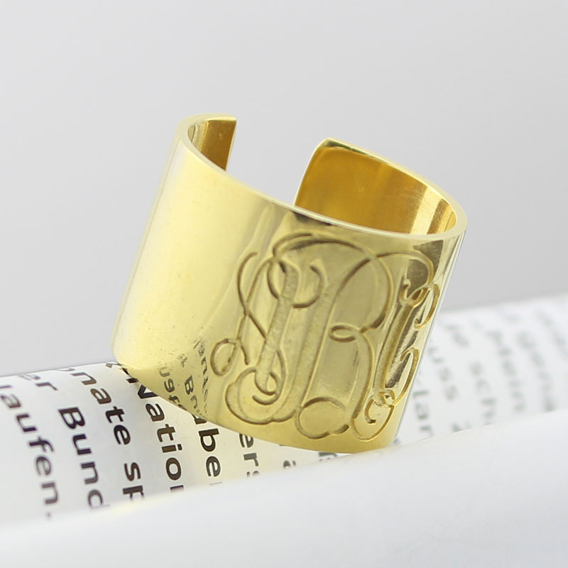 Script Monogram Cuff Ring Gift 18K Gold Plated