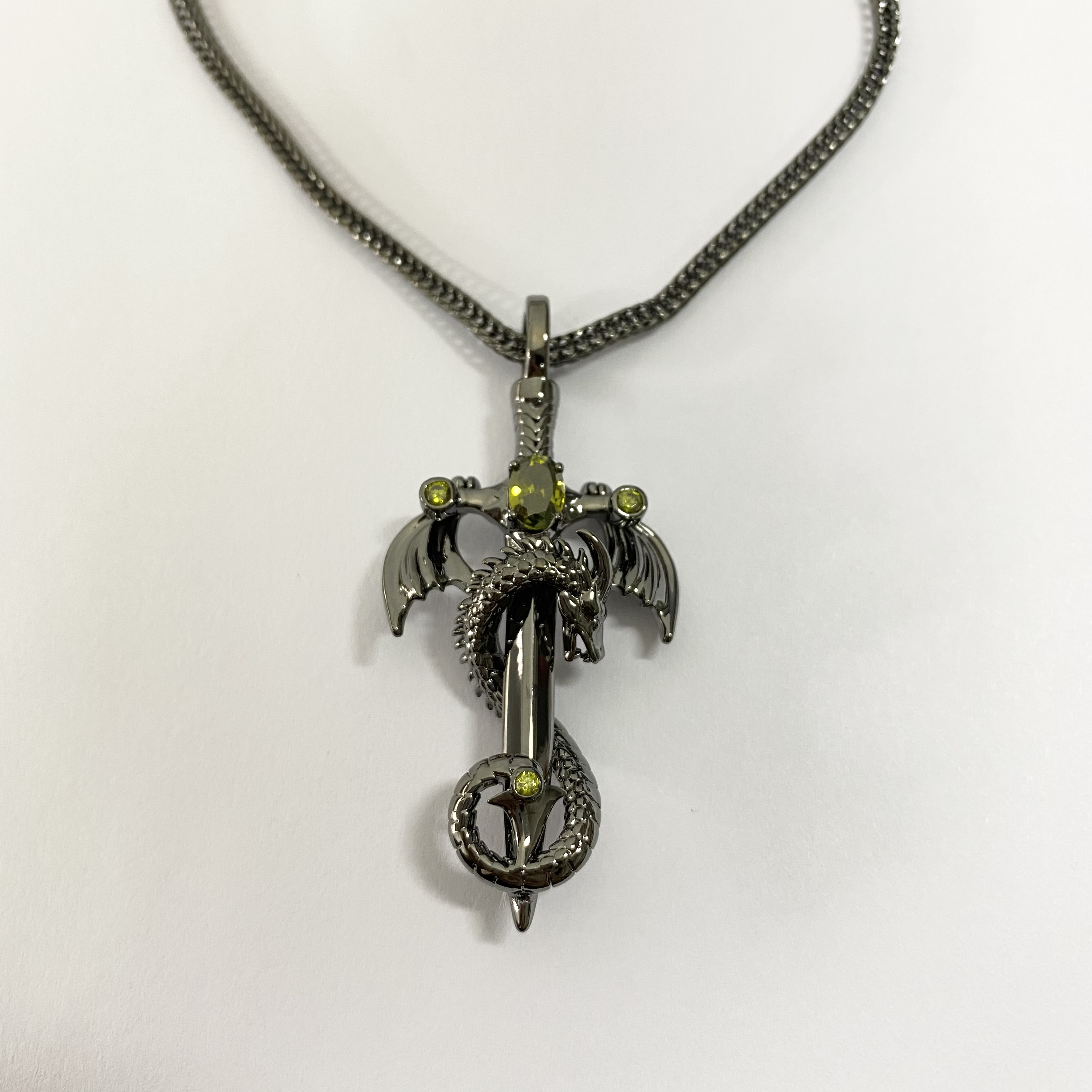 Sword Necklace with Cross and Dragon Birthstone Pendant All Black/All Silver