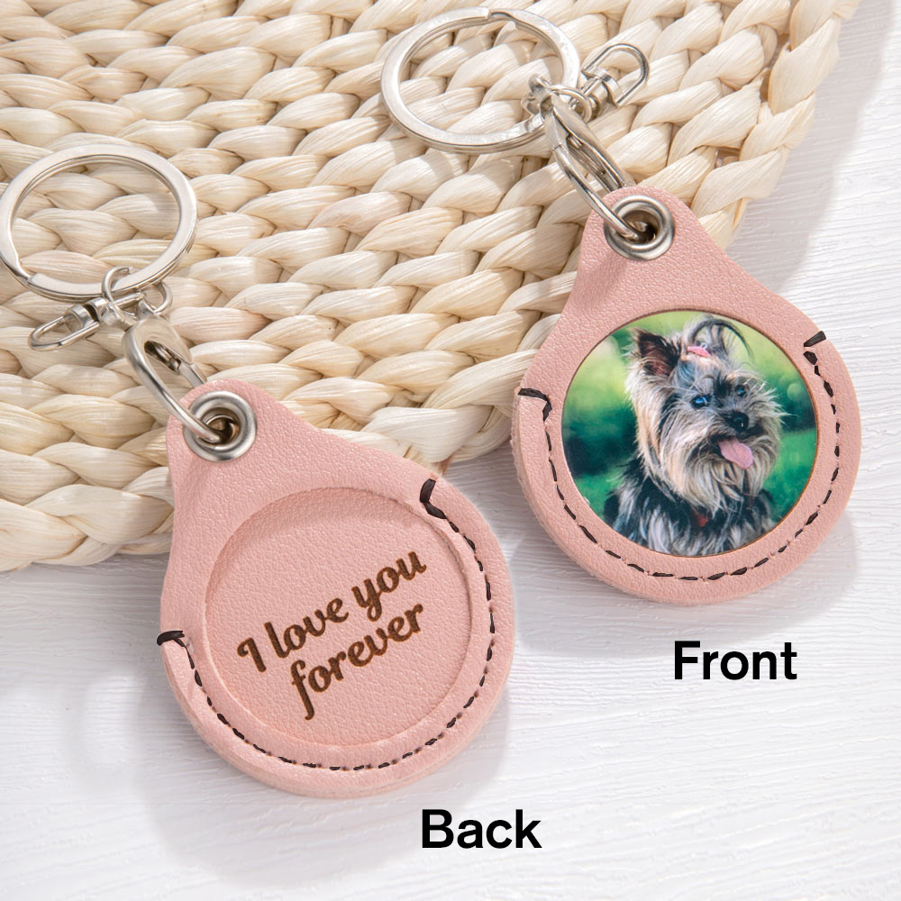 Custom Pet Photo Leather Keychain with Message, Personalized Picture Text Keychain, Memorial/Pet Sympathy Present, Gift for Pet Lover/Owner