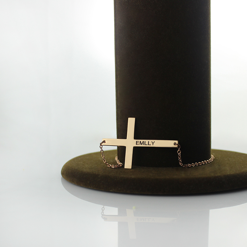 Rose Gold Plated Silver Latin Cross Necklace Engraved Name 1.6"