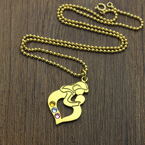 Personalized Mother Child Necklace with Birthstone Gold Plated Silver