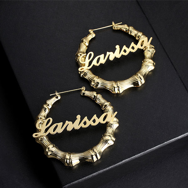 Personalized Bamboo Name Earrings Custom Bamboo Hoop Earrings in Sterling Silver & Brass