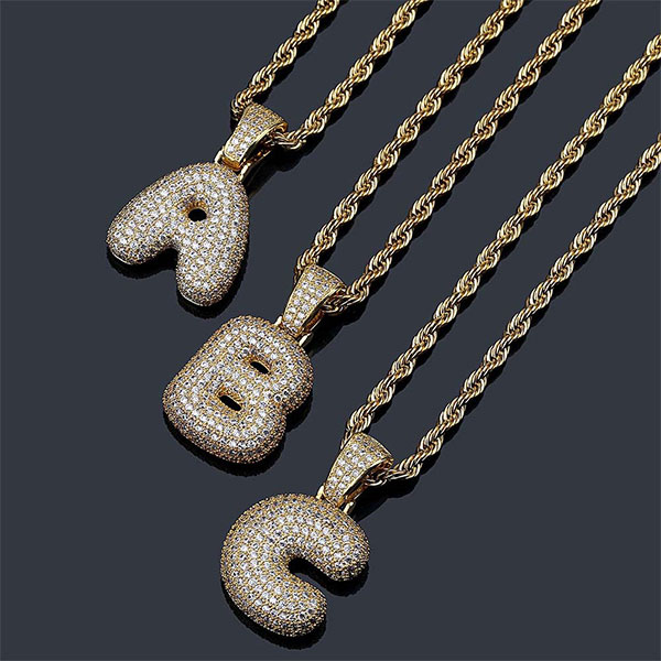Hip Hop Iced Out CZ Bubble Letters Pendant Necklace Initial Necklace