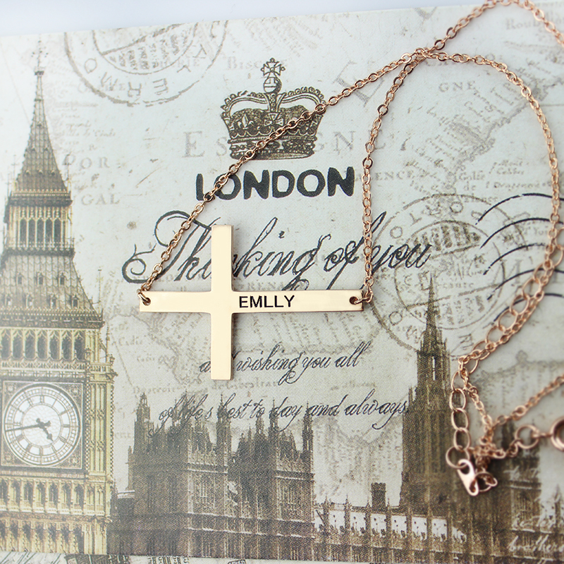 Rose Gold Plated Silver Latin Cross Necklace Engraved Name 1.6"