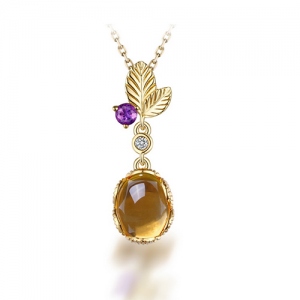 Natural Citrine Leaves Pendant 18K Gold Plating Silver 18