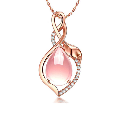 Natural Water Drop Pink Crystal Necklace In Rose Gold