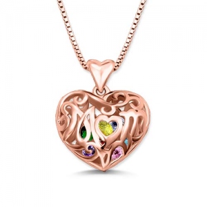 Custom Mom Heart Cage Birthstone Necklace In Rose Gold