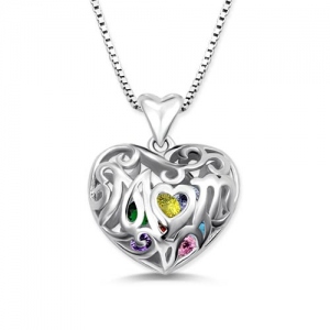 Custom Mom's Heart Cage Birthstone Necklace Sterling Silver