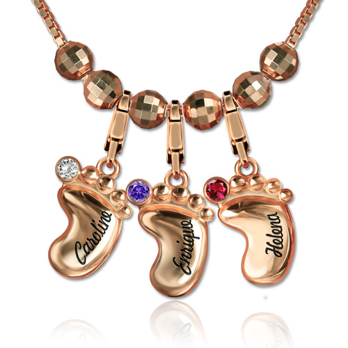 Engraved Name 3D Baby Feet Necklace with Birthstone