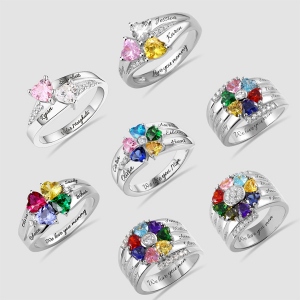 Personalized Heart Birthstone Ring With Engraving Silver