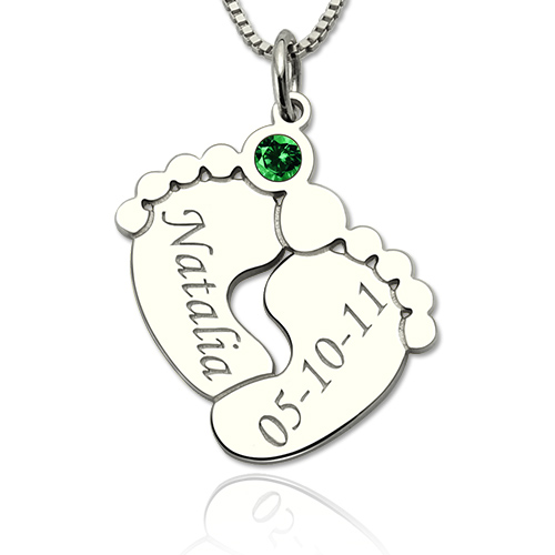 Silver Engraved Baby Feet Necklace with Personalized Birthstone for Mother's Day Gift