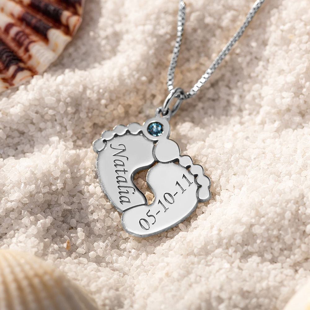 Silver Engraved Baby Feet Necklace with Personalized Birthstone for Mother's Day Gift