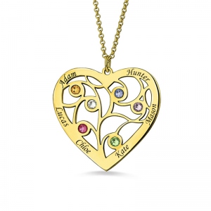 Gold Plated Silver Heart Family Tree Necklace Engraved with Name& Birthstones