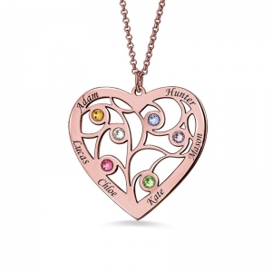 Rose Gold Plated Silver Heart Family Tree Necklace Engraved with Name& Birthstones