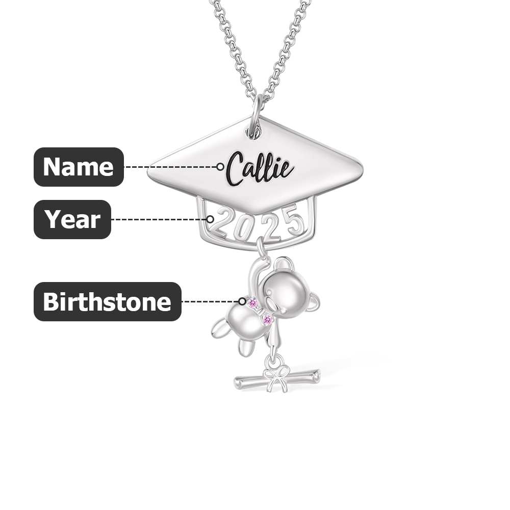 Custom Name Class of 2025 Graduation Bear Necklace, Sterling Silver/Brass Bachelor Cap Bear Necklace, Graduation Gift for Boy/Girl/Student