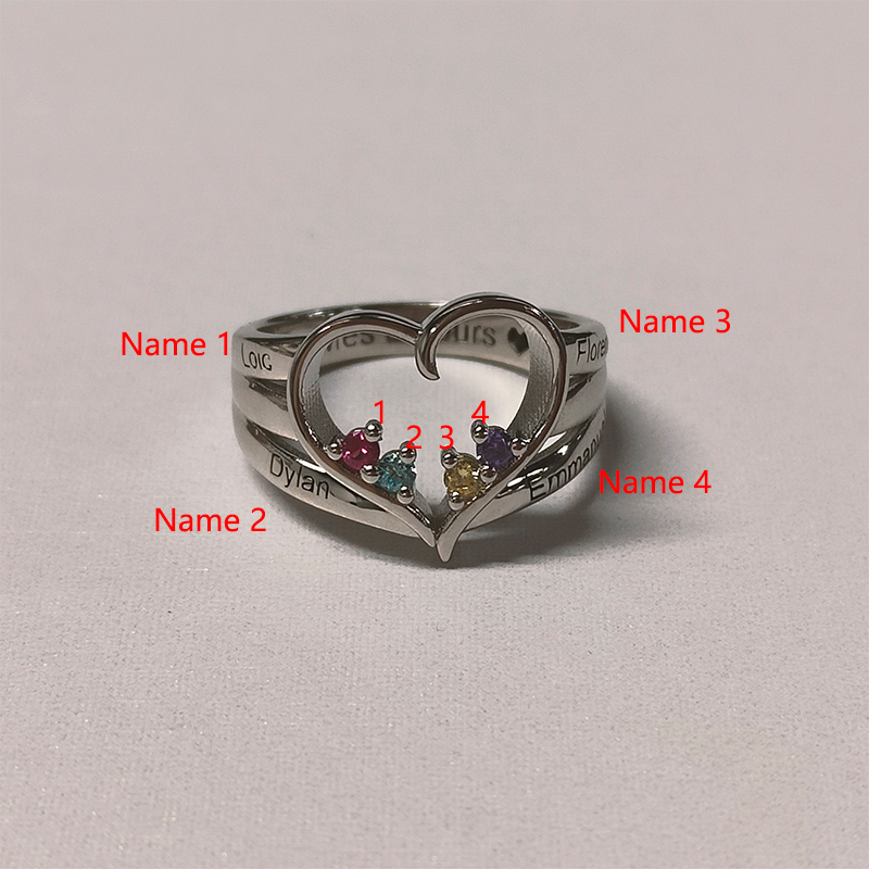 Personalised Engraved Love 4 Birthstones Name Ring