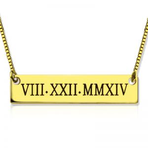 Personalized Roman Numeral Bar Necklace 18K Gold Plated