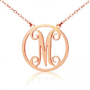 Rose Gold 1 Initial Vintage Style Circle Monogram Necklace