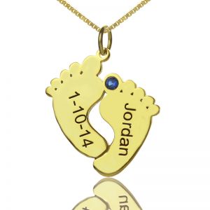 Birthstone Memory Baby Feet Charms with Date & Name Gold