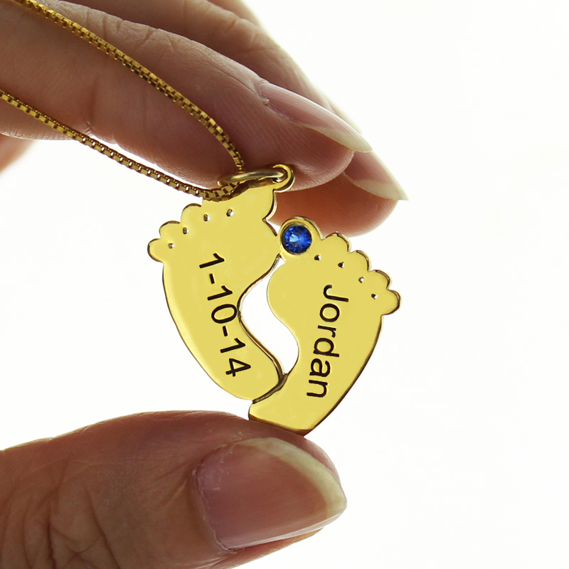 Birthstone Memory Baby Feet Charms with Date & Name Gold