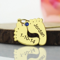 Birthstone Memory Baby Feet Charms with Date & Name Gold