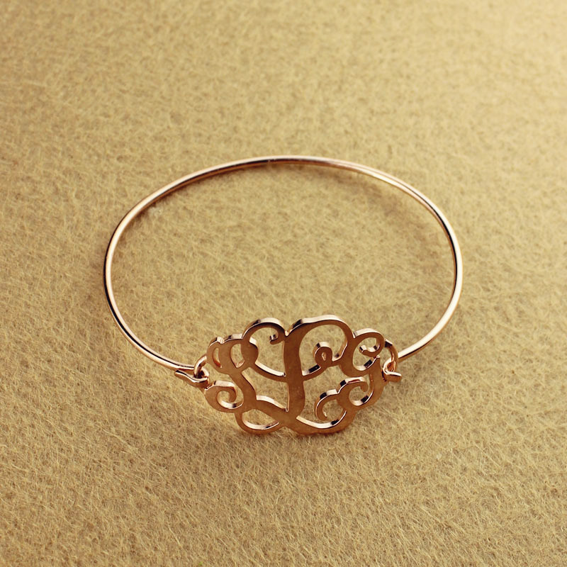 Rose Gold Monogram Initial Bangle Bracelet 1.25 Inch